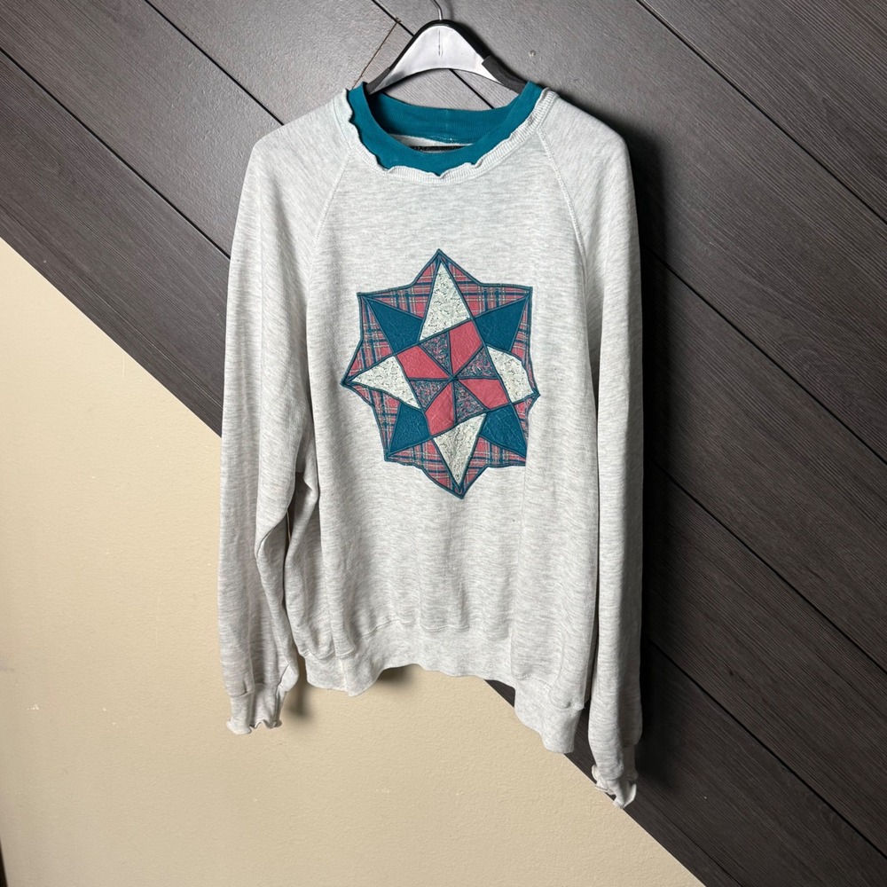 Lee Women's 4X Vintage 90s Sweatshirt Quilt Graphic Lettuce Trim Gray Teal